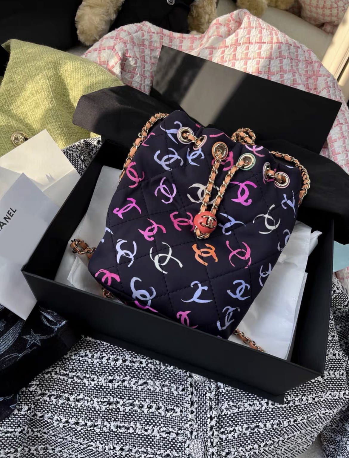Chanel 24SS BACKPACK Printed Fabric & Gold-Tone Metal Black & Multicolor