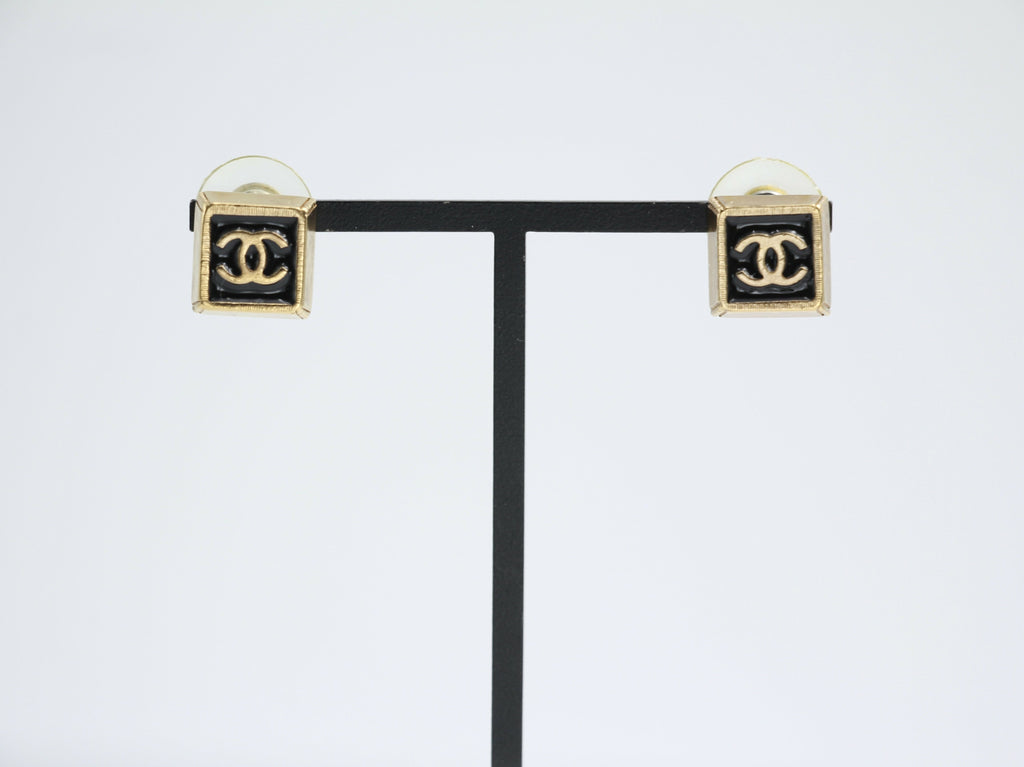 Chanel Vintage 03P Metal Square Black Stud Earrings