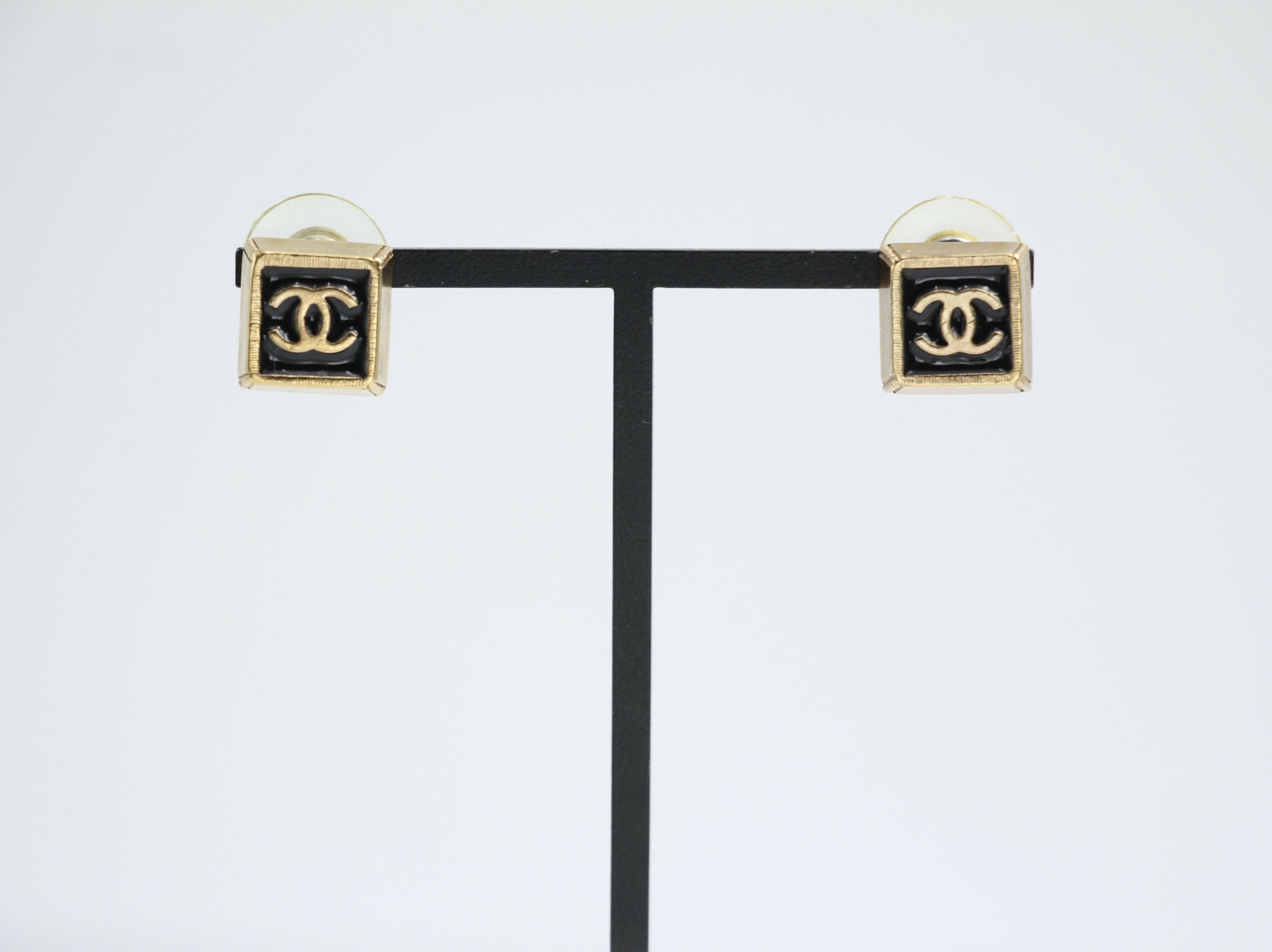 Chanel Vintage 03P Metal Square Black Stud Earrings