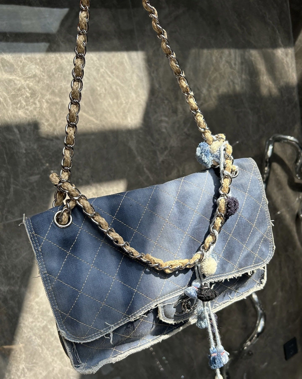 Chanel denim fur ball tassel jumbo