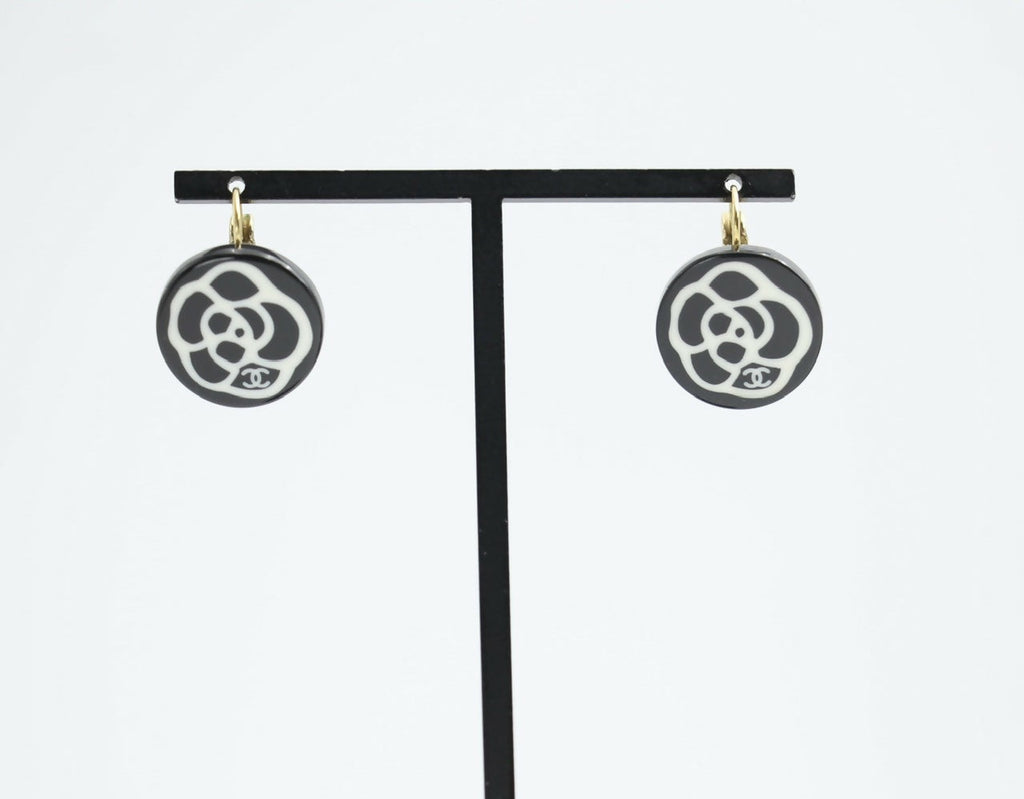 Chanel Vintage 03P Resin Black and White Camellia Button Hoop Earrings