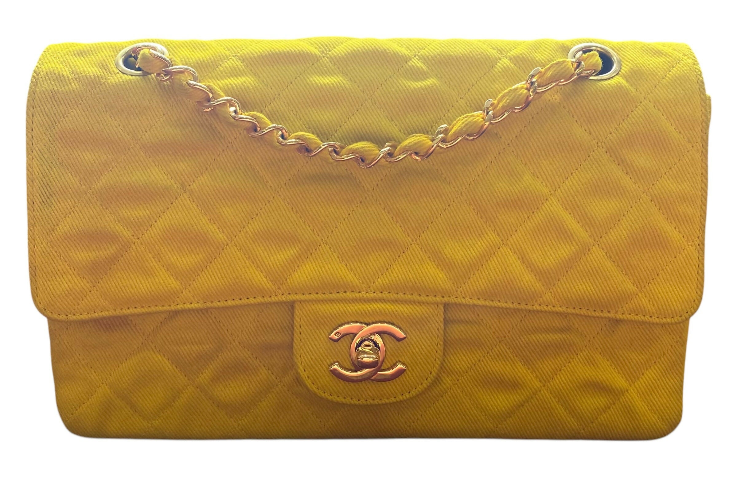 Vintage Chanel 90’s Yellow Denim Medium Classic Flap Bag 24K Gold Hardware