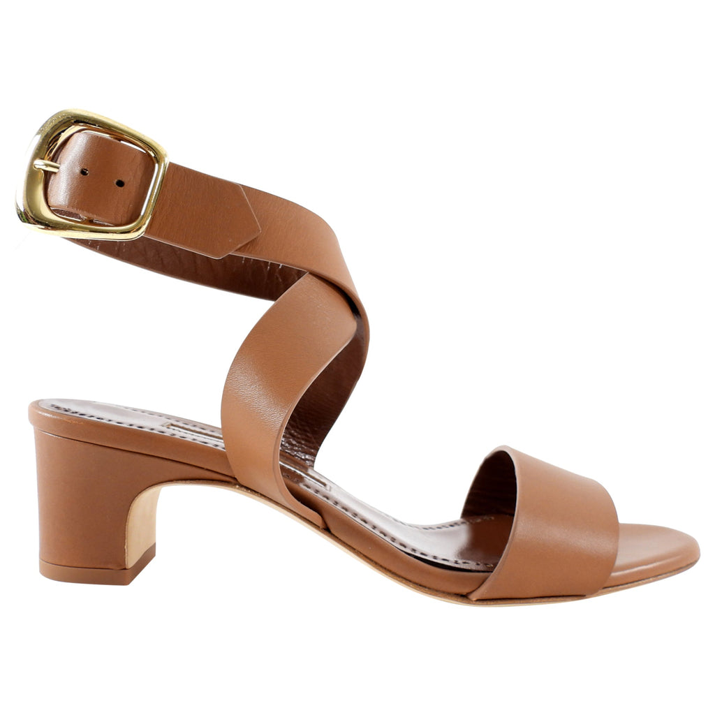 Manolo Blahnik Brown Leather Brutas Ankle Wrap Sandals - 37