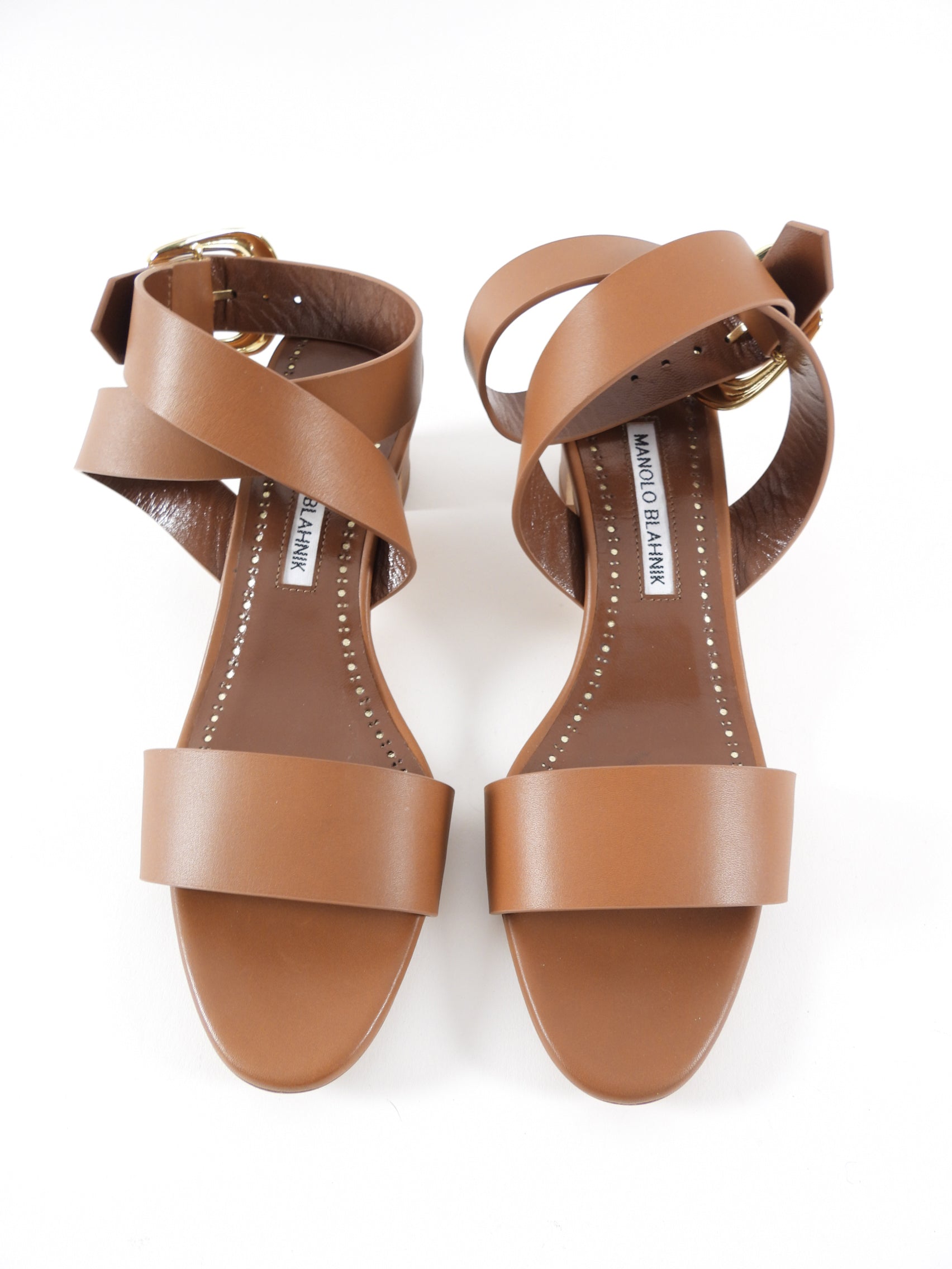 Manolo Blahnik Brown Leather Brutas Ankle Wrap Sandals - 37