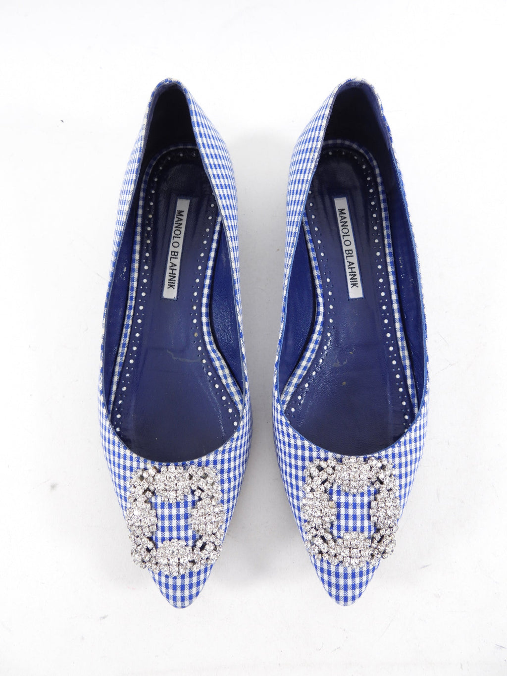 Manolo Blahnik Blue Gingham Hangisi Crystal Flat Shoes - 38.5