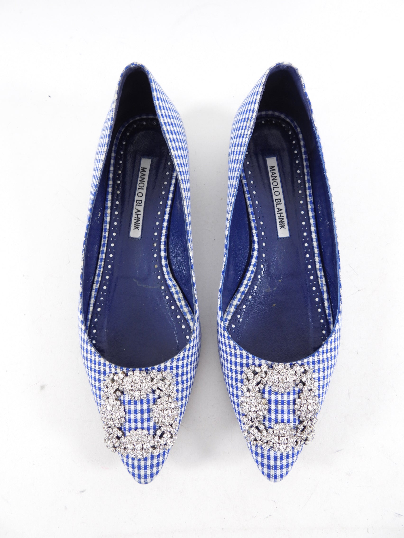 Manolo Blahnik Blue Gingham Hangisi Crystal Flat Shoes - 38.5