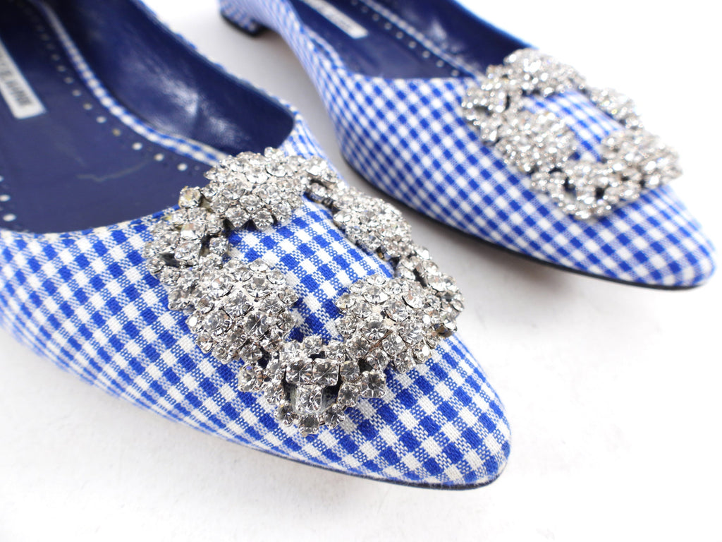 Manolo Blahnik Blue Gingham Hangisi Crystal Flat Shoes - 38.5