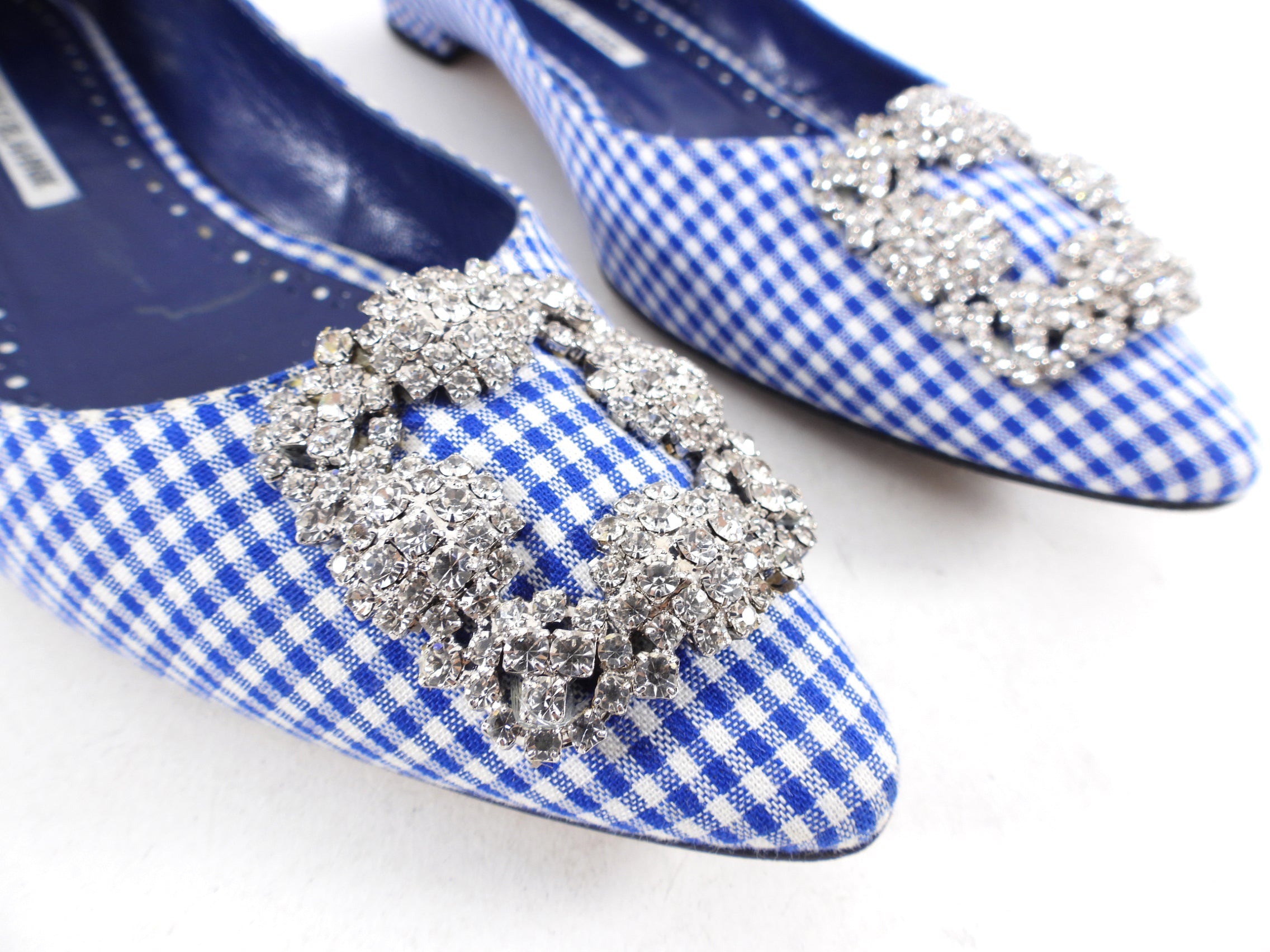 Manolo Blahnik Blue Gingham Hangisi Crystal Flat Shoes - 38.5