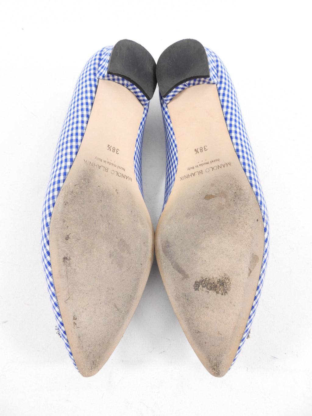 Manolo Blahnik Blue Gingham Hangisi Crystal Flat Shoes - 38.5