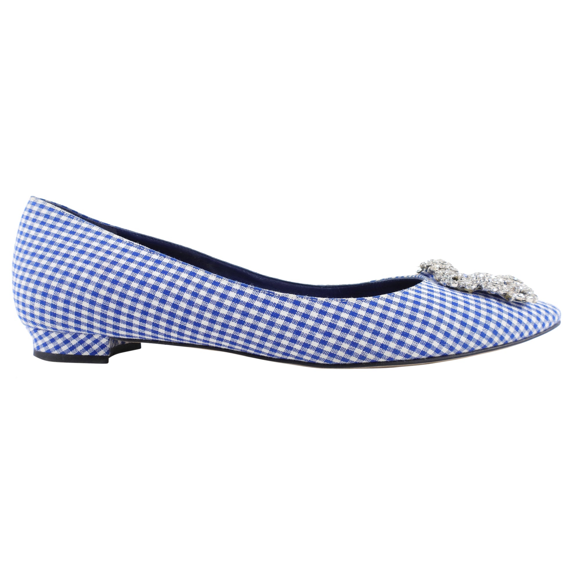 Manolo Blahnik Blue Gingham Hangisi Crystal Flat Shoes - 38.5