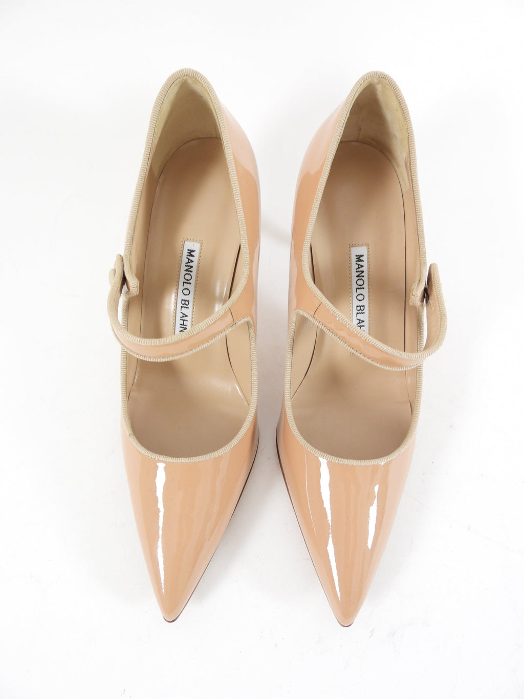 Manolo Blahnik Nude Patent Campari 70 Mary Jane Heels - 36.5