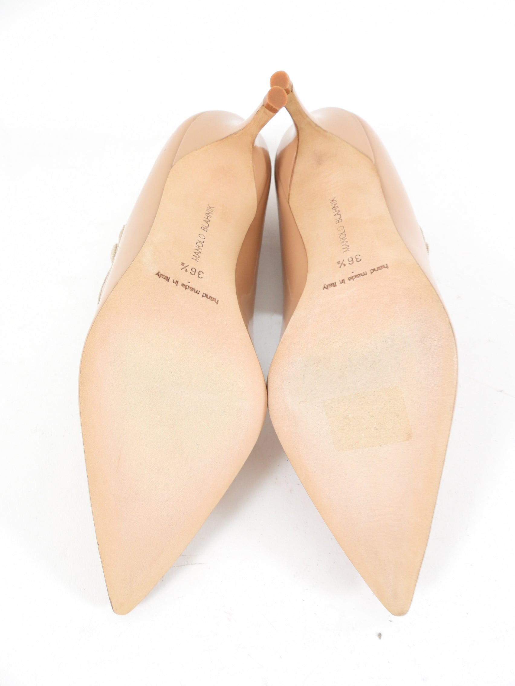 Manolo Blahnik Nude Patent Campari 70 Mary Jane Heels - 36.5