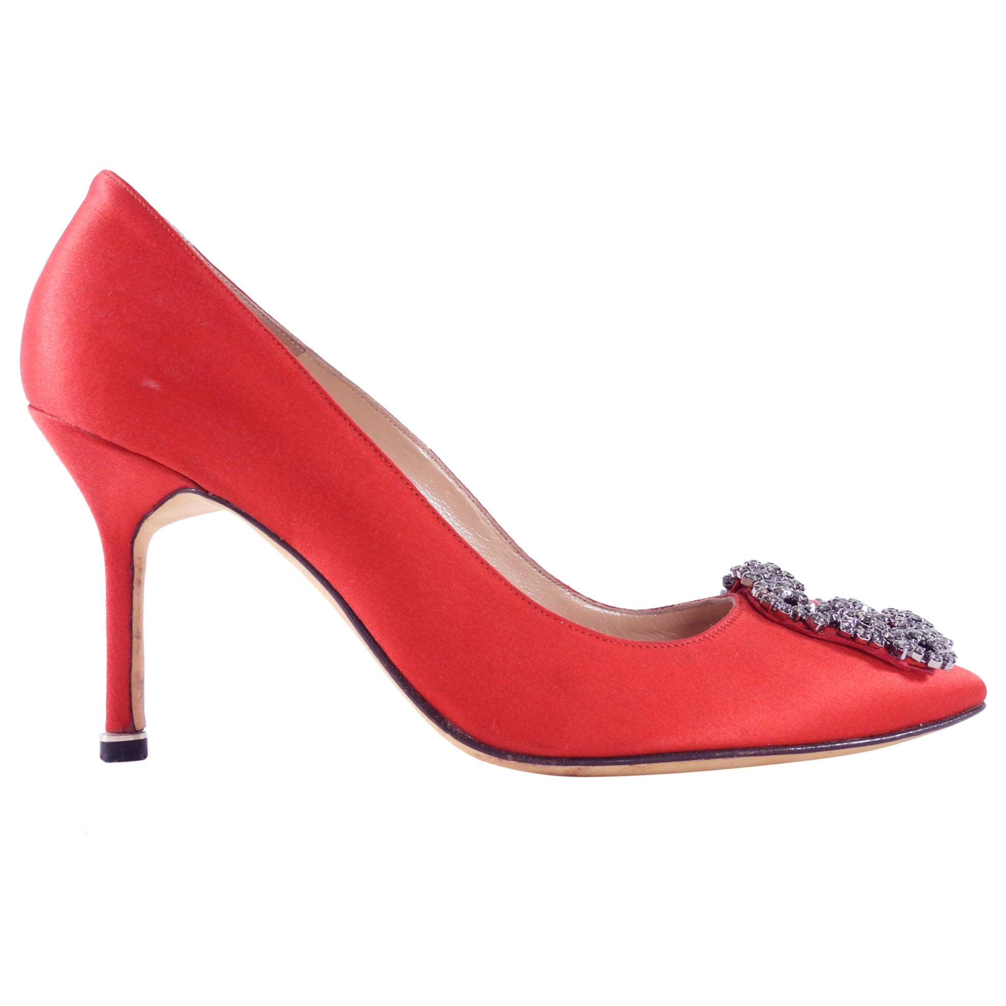 Manolo Blahnik Red Silk Satin Crystal Hangisi Pumps - 37