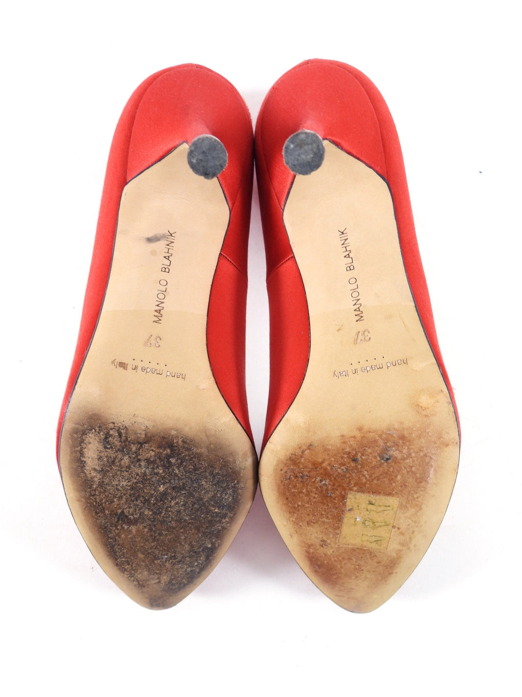 Manolo Blahnik Red Silk Satin Crystal Hangisi Pumps - 37