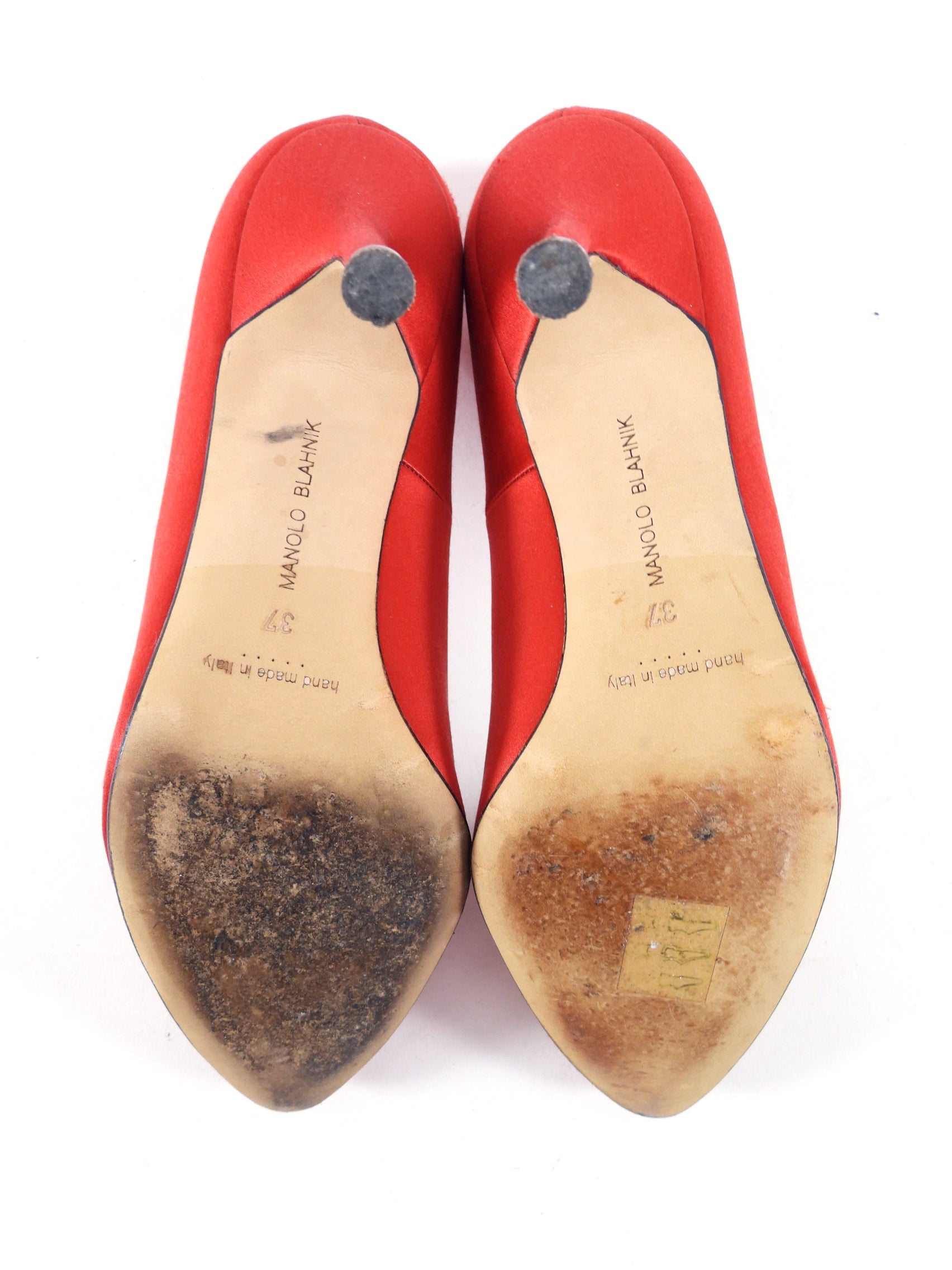 Manolo Blahnik Red Silk Satin Crystal Hangisi Pumps - 37