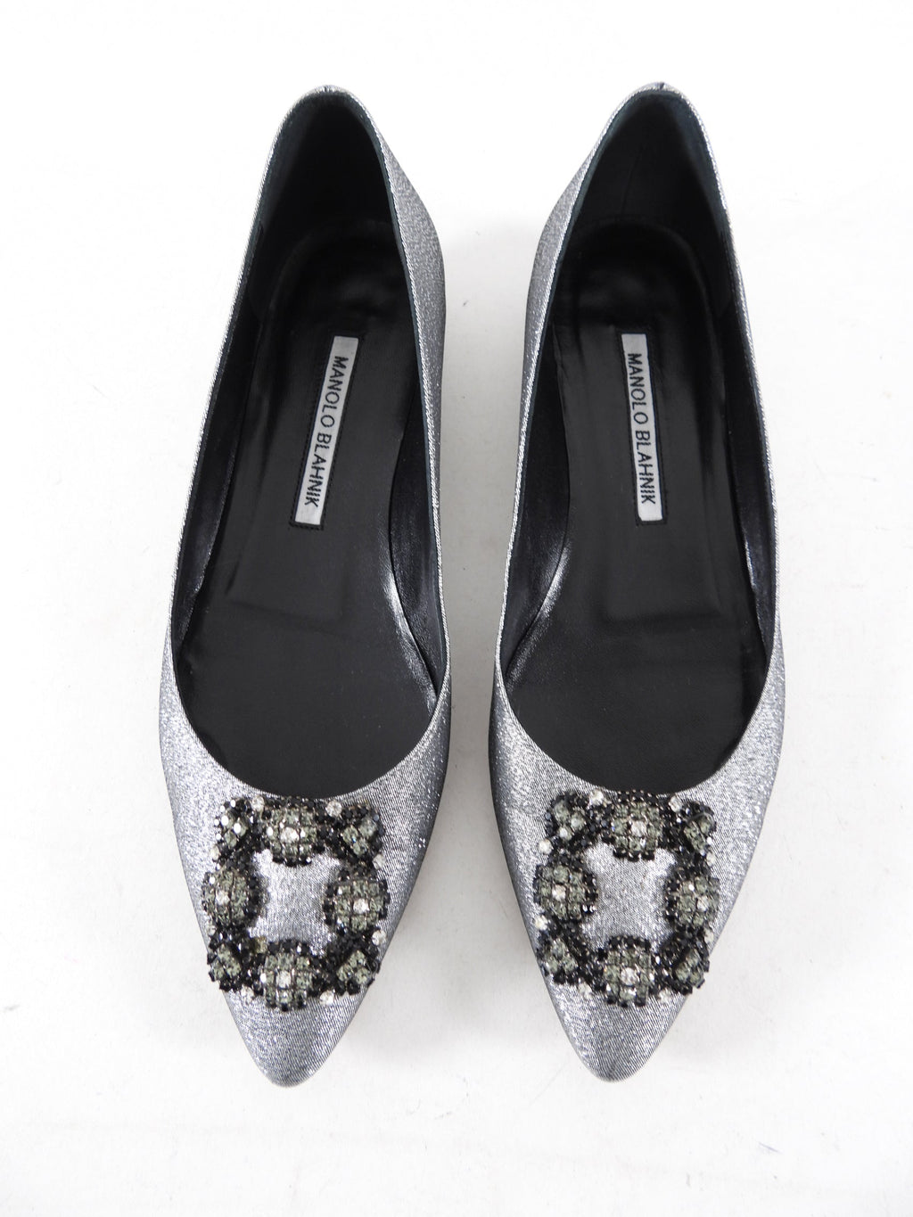 Manolo Blahnik Silver Metallic Hangisi Crystal Buckle Flats - 38