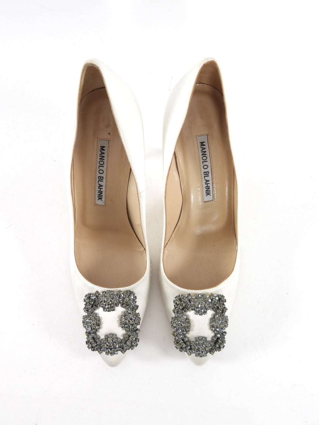 Manolo Blahnik White Silk Satin Crystal Hangisi Pumps - 36.5 / 37