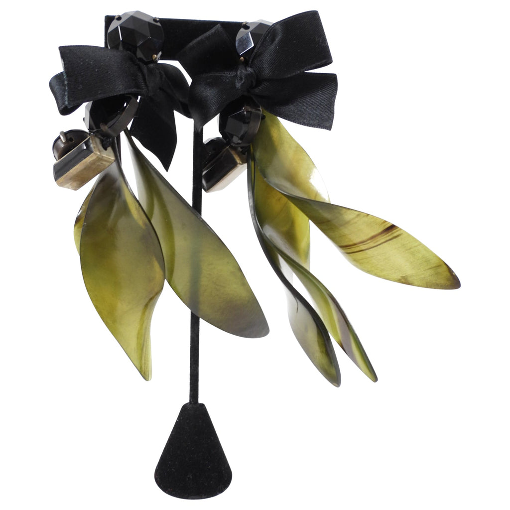 Marni Green Resin Long Statement Rhinestone Clip Earrings