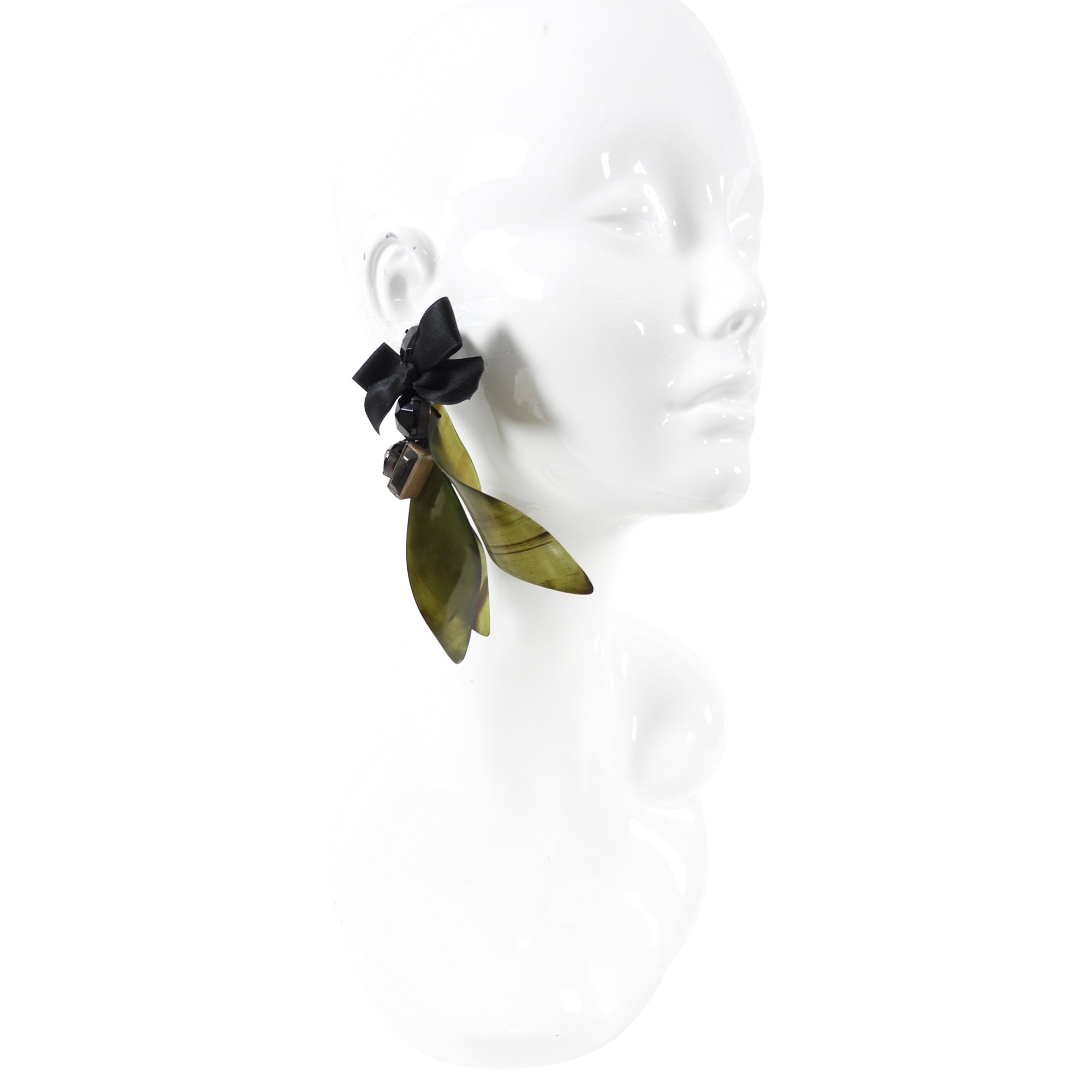 Marni Green Resin Long Statement Rhinestone Clip Earrings