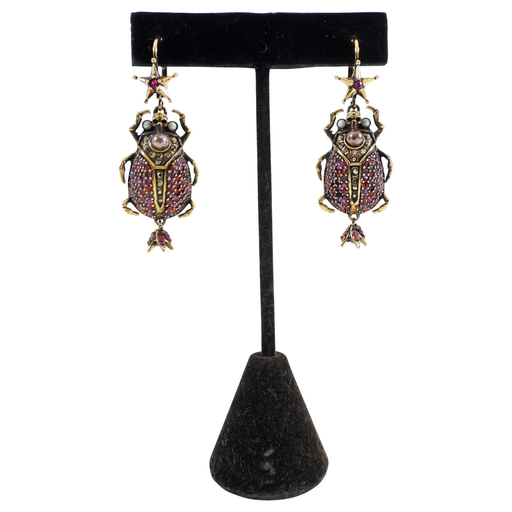 Alexander McQueen Garnet Scarab Beetle Earrings with Pearl Drops