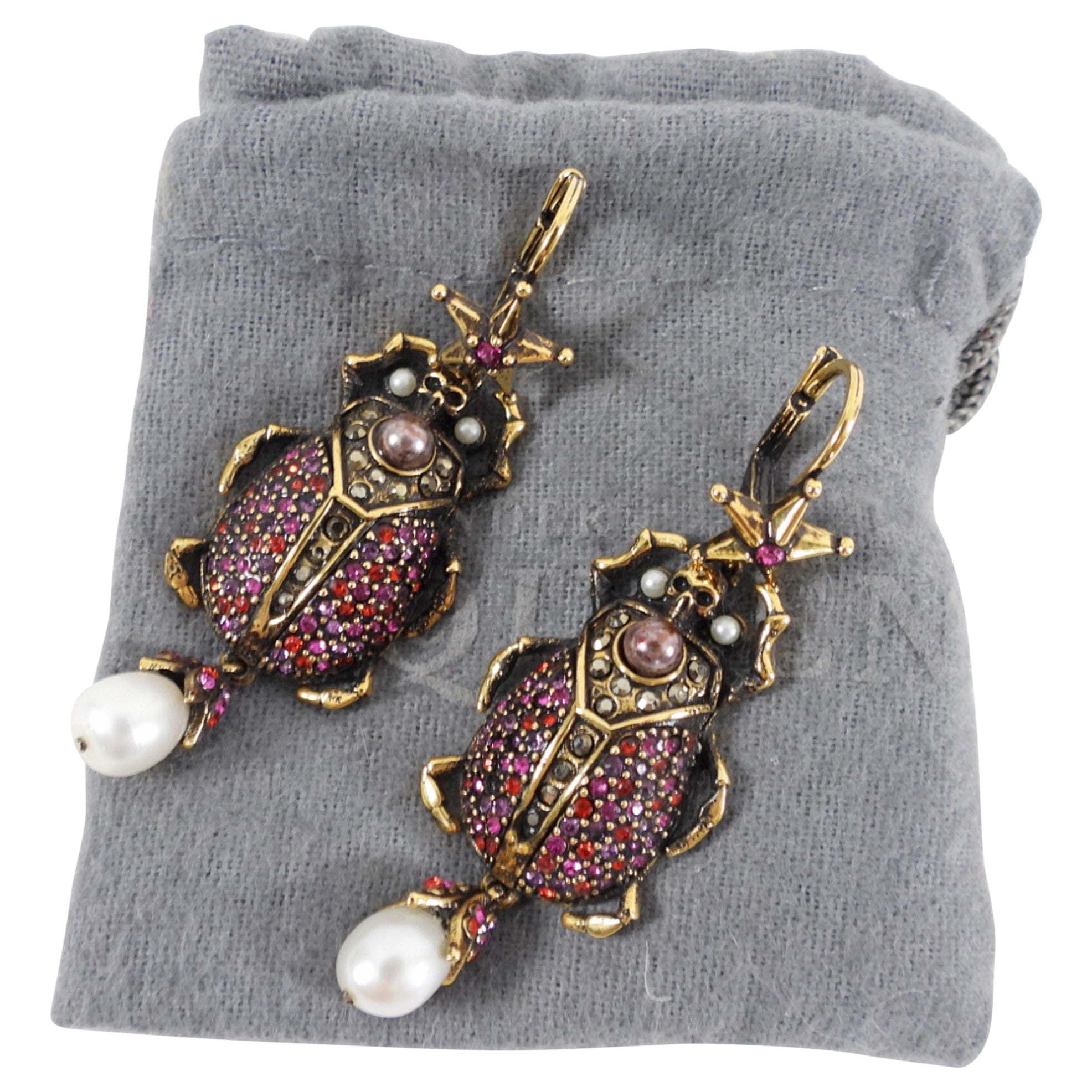 Alexander McQueen Garnet Scarab Beetle Earrings with Pearl Drops
