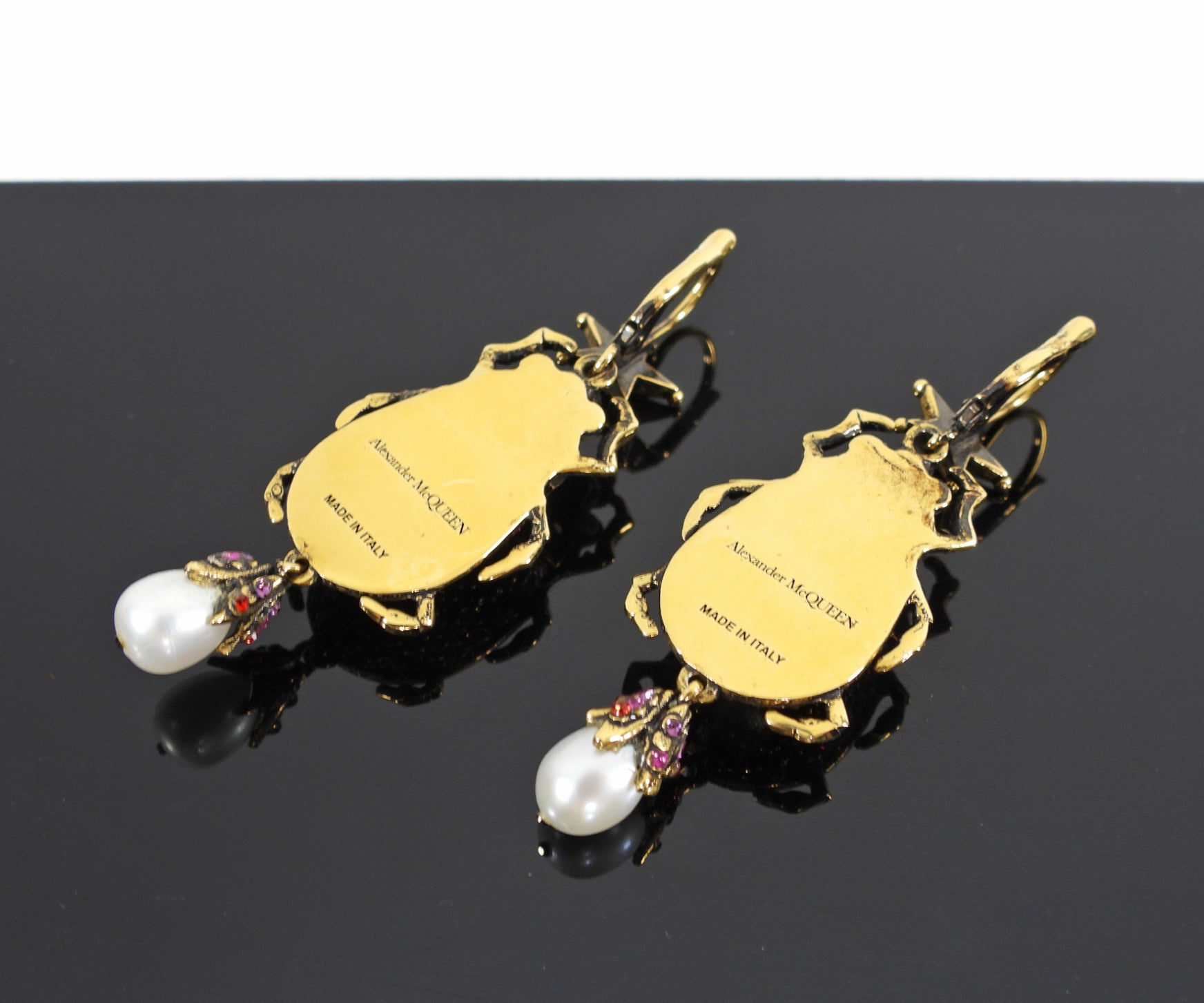 Alexander McQueen Garnet Scarab Beetle Earrings with Pearl Drops