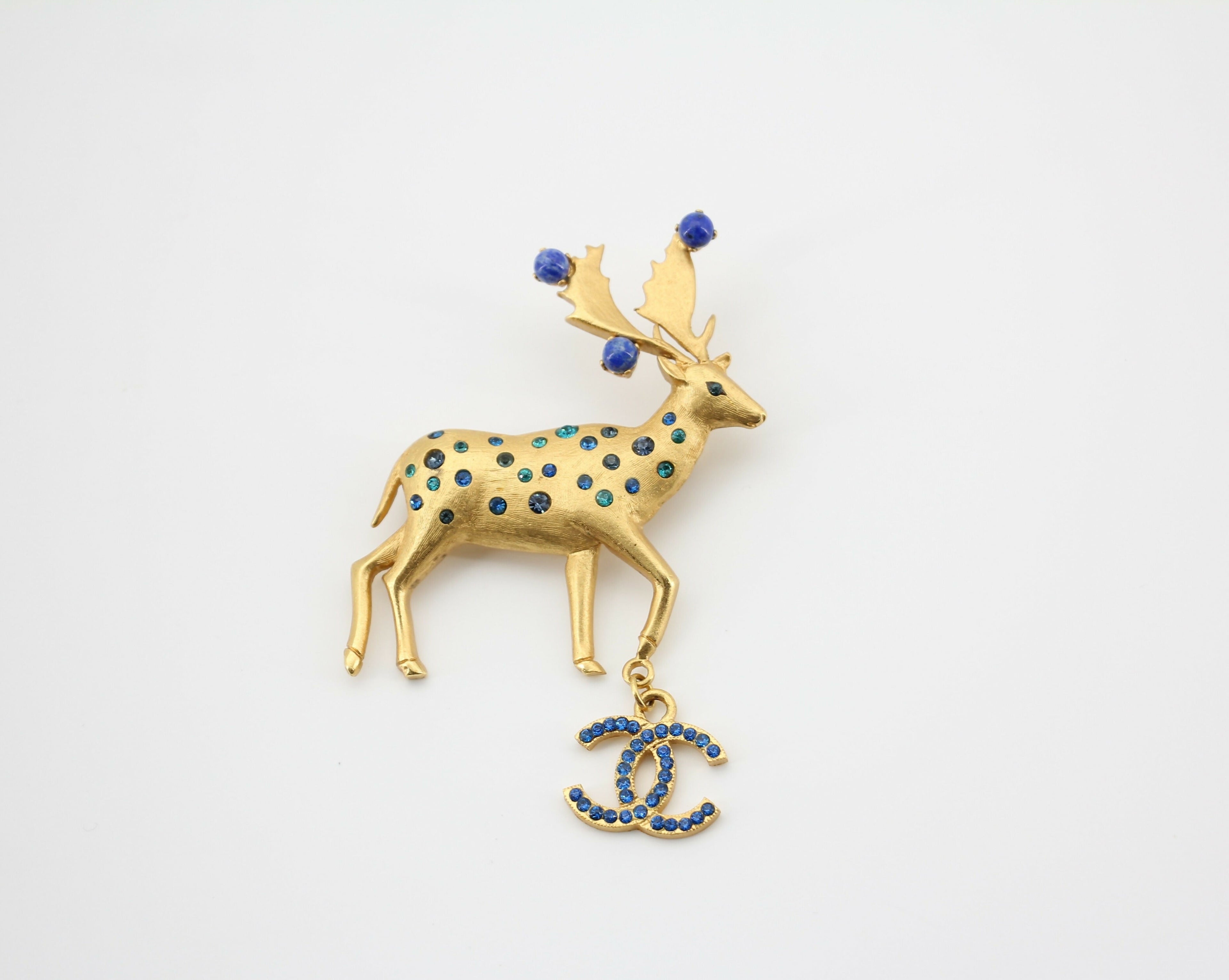 Chanel Vintage 01A Rhinestone Blue Golden Green Reindeer Brooch