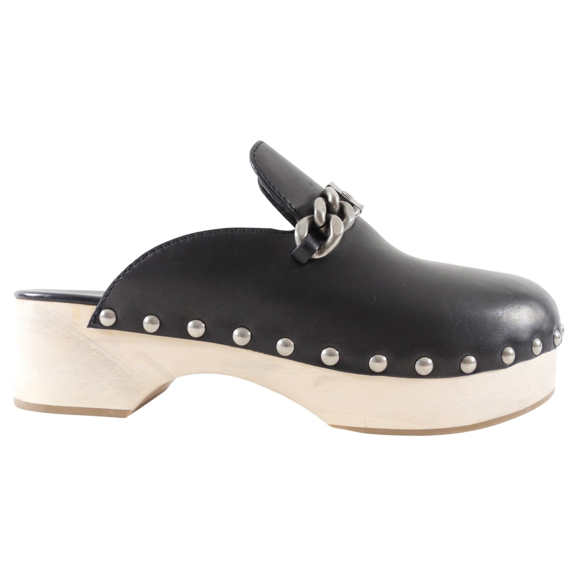 Miu Miu Black Leather Logo Chain Plaque Wood Clogs - 40