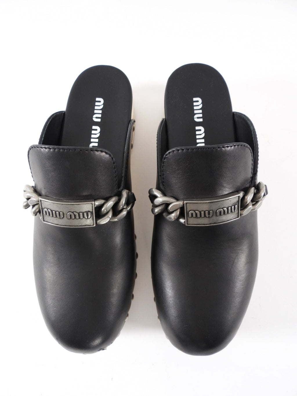 Miu Miu Black Leather Logo Chain Plaque Wood Clogs - 40