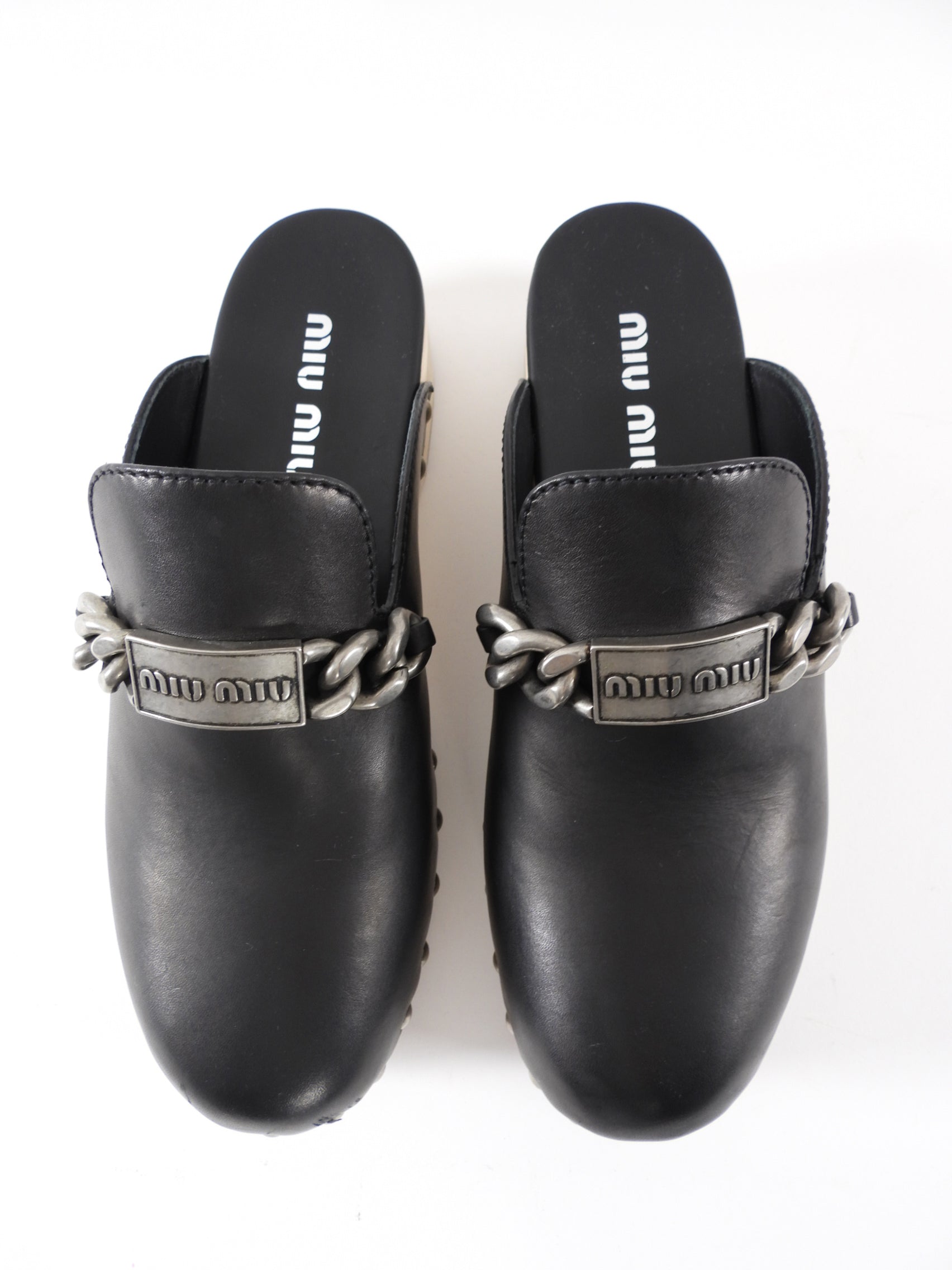 Miu Miu Black Leather Logo Chain Plaque Wood Clogs - 40