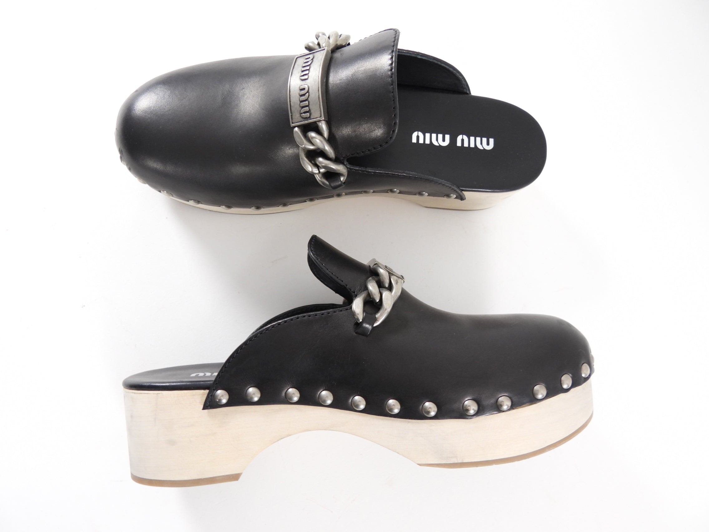 Miu Miu Black Leather Logo Chain Plaque Wood Clogs - 40