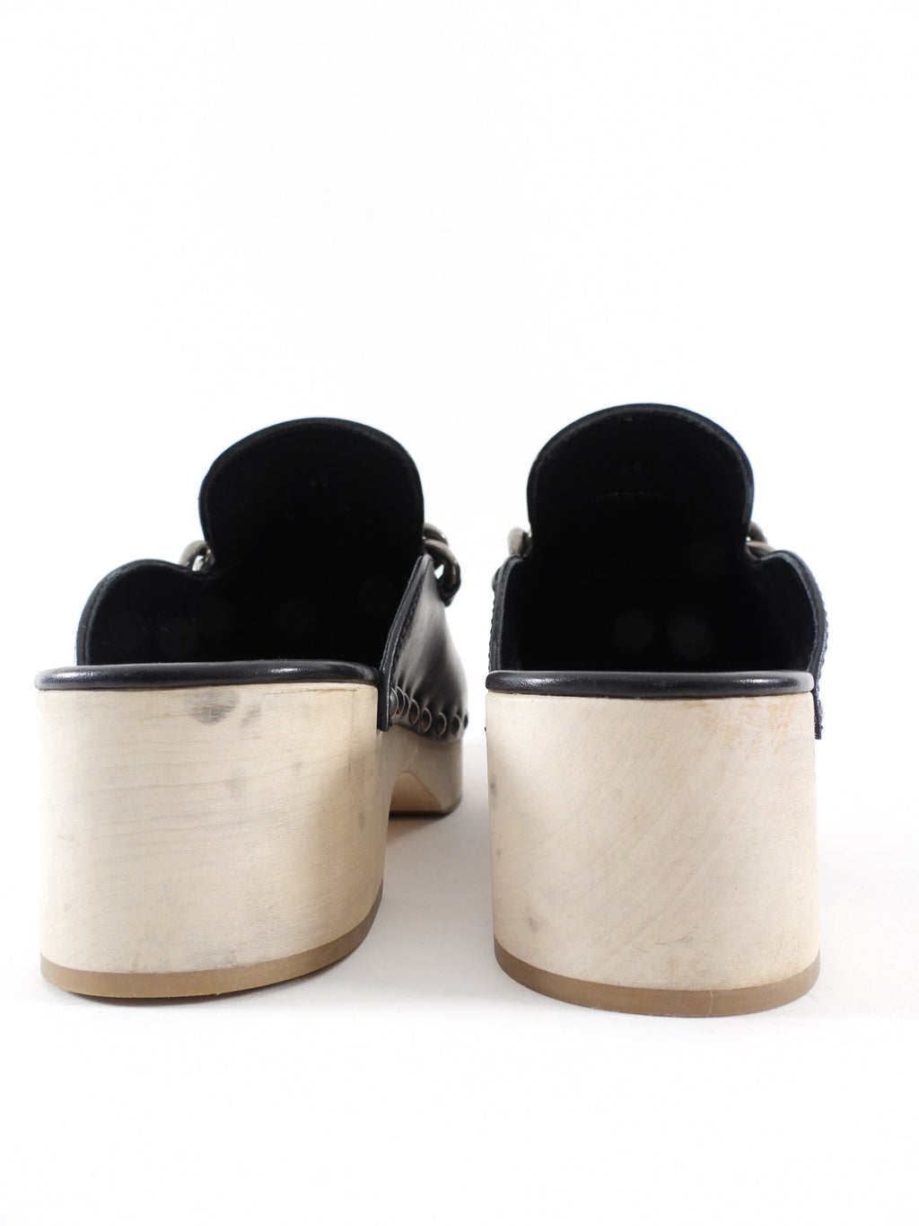 Miu Miu Black Leather Logo Chain Plaque Wood Clogs - 40