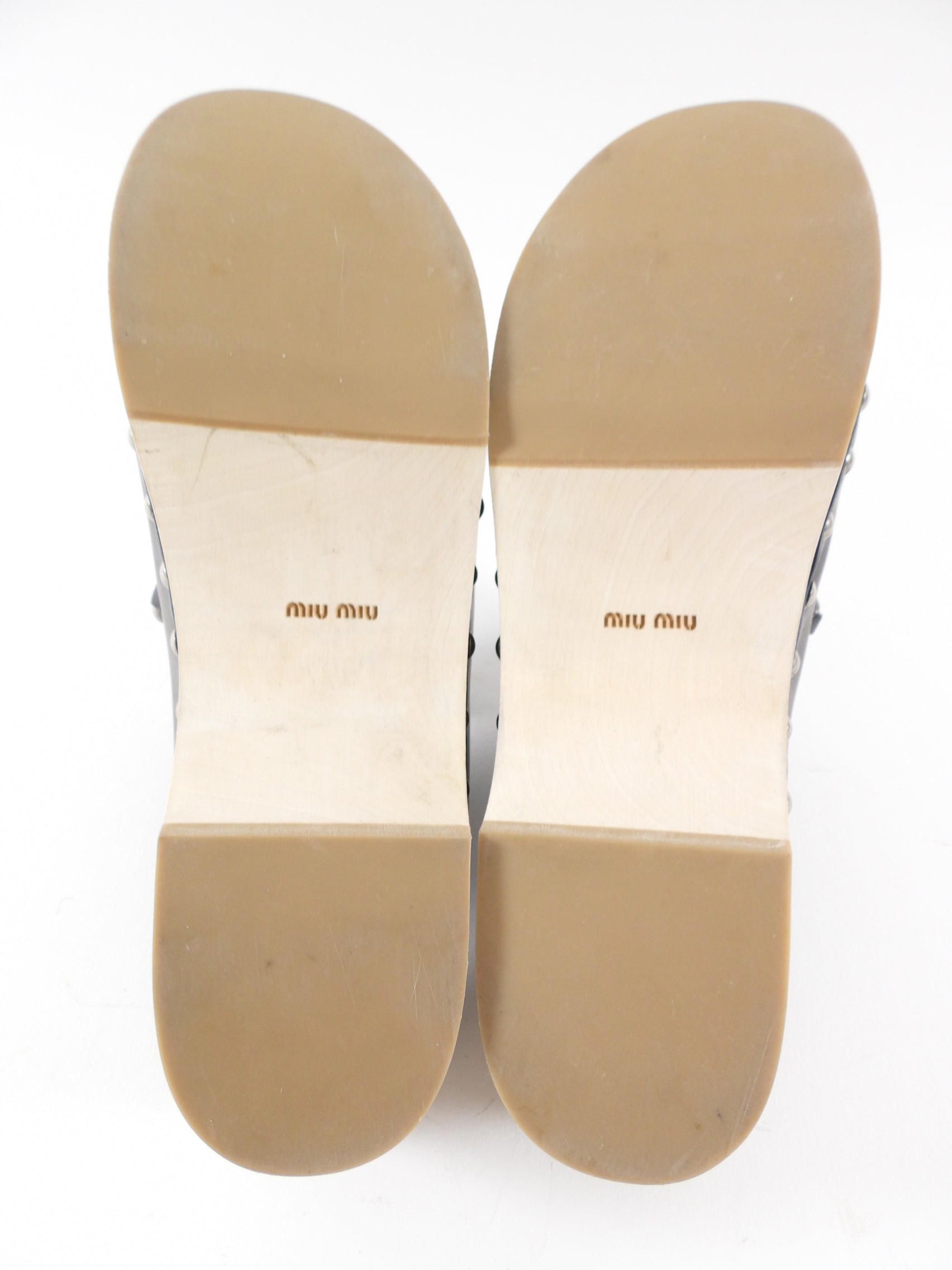 Miu Miu Black Leather Logo Chain Plaque Wood Clogs - 40