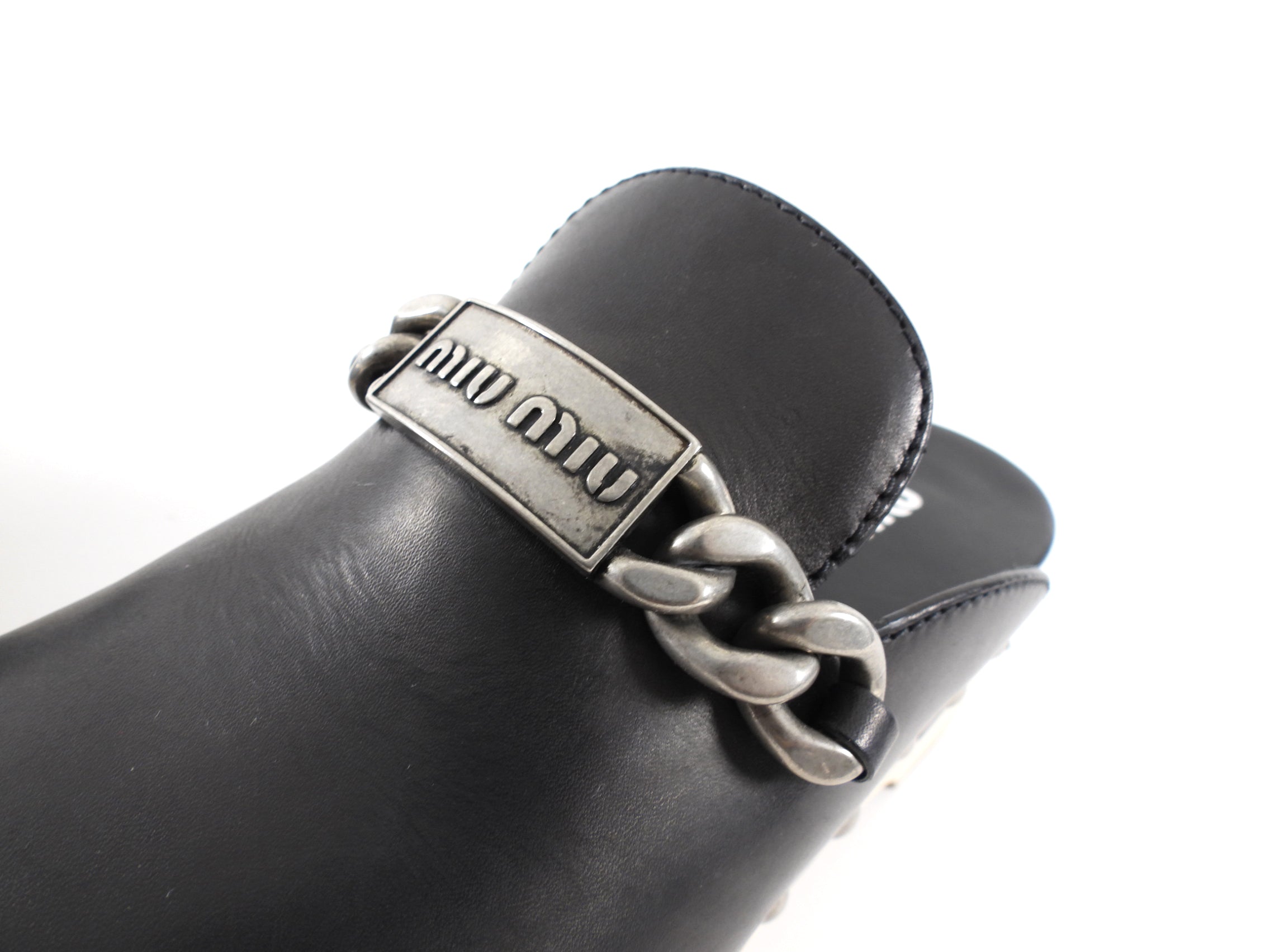 Miu Miu Black Leather Logo Chain Plaque Wood Clogs - 40