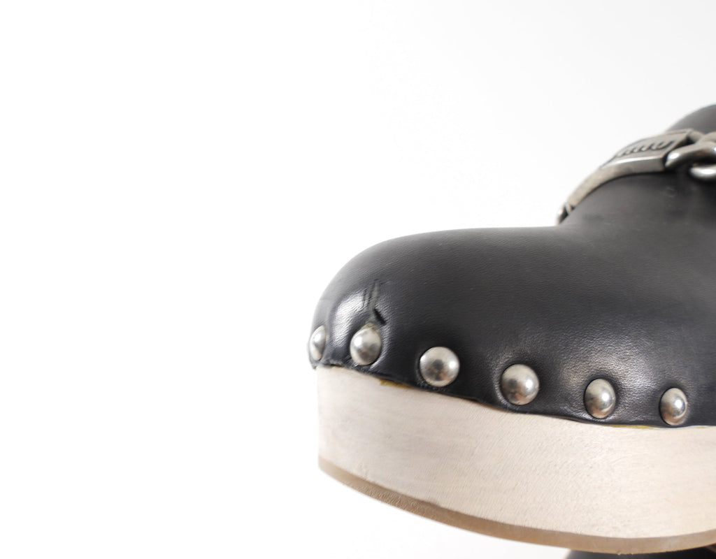 Miu Miu Black Leather Logo Chain Plaque Wood Clogs - 40