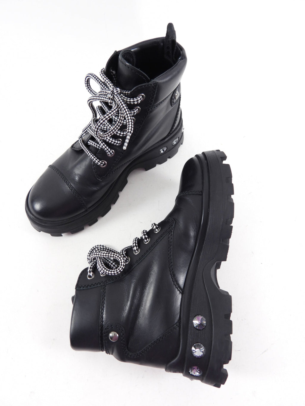 Miu Miu Black Leather Mountain Boot with Jewel Detail - 36.5