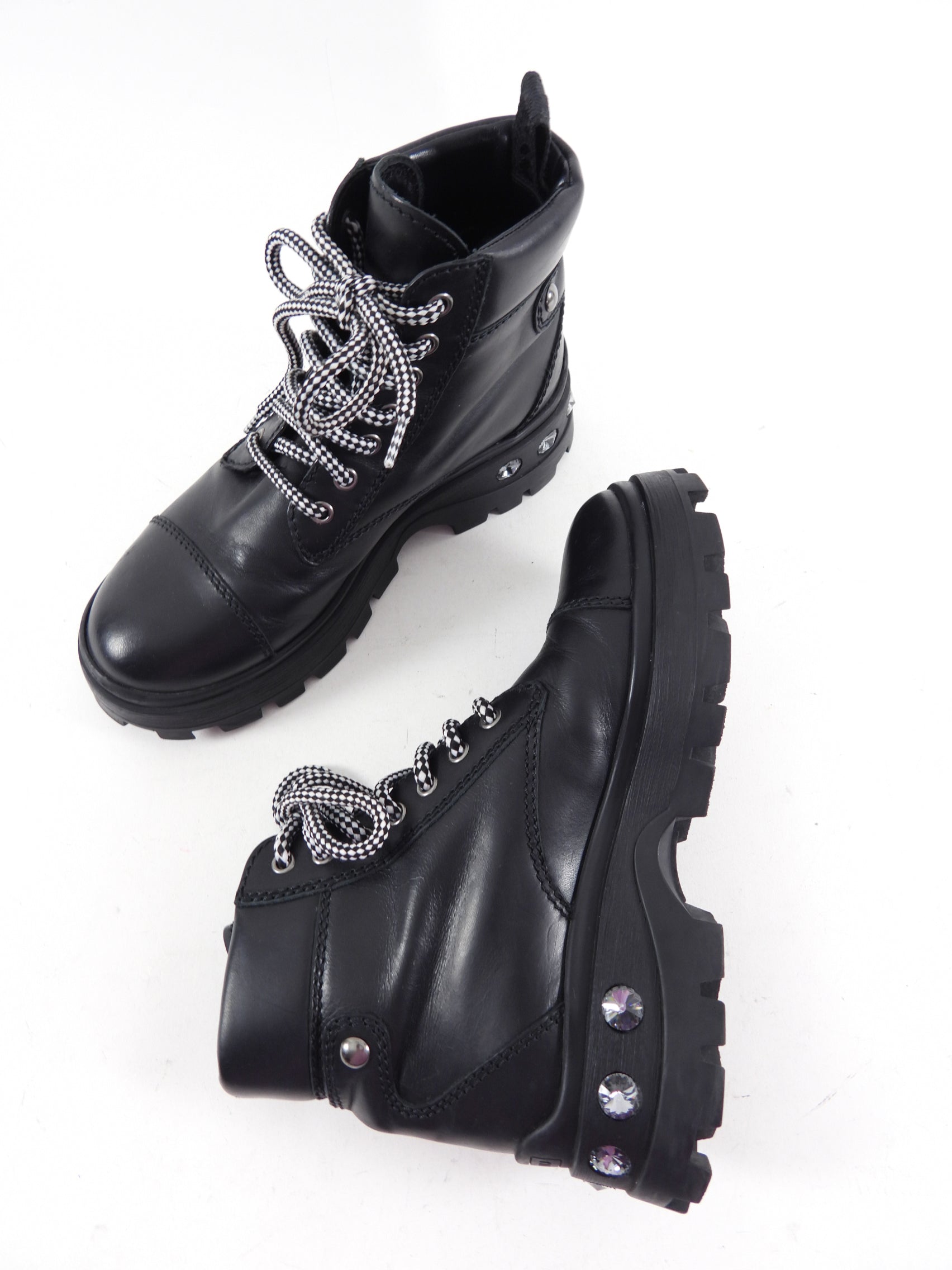 Miu Miu Black Leather Mountain Boot with Jewel Detail - 36.5