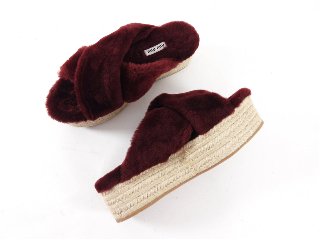 Miu Miu Burgundy Shearling Platform Espadrilles - 39