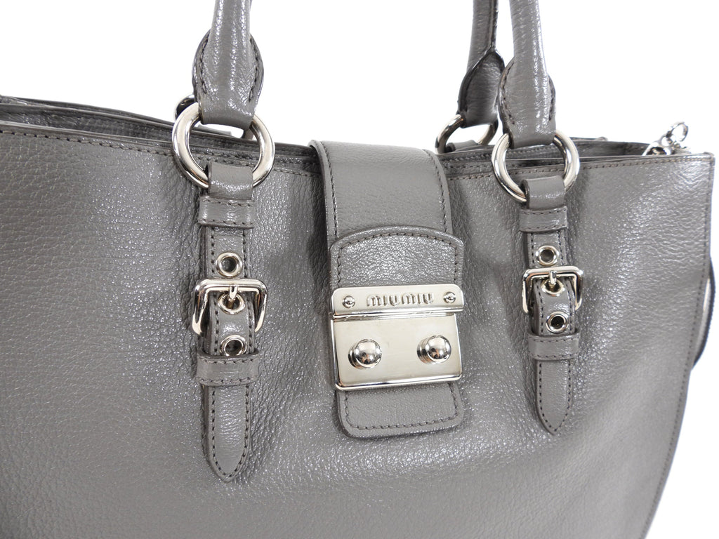 Miu Miu Grey Leather Madras Press Stud Tote Bag