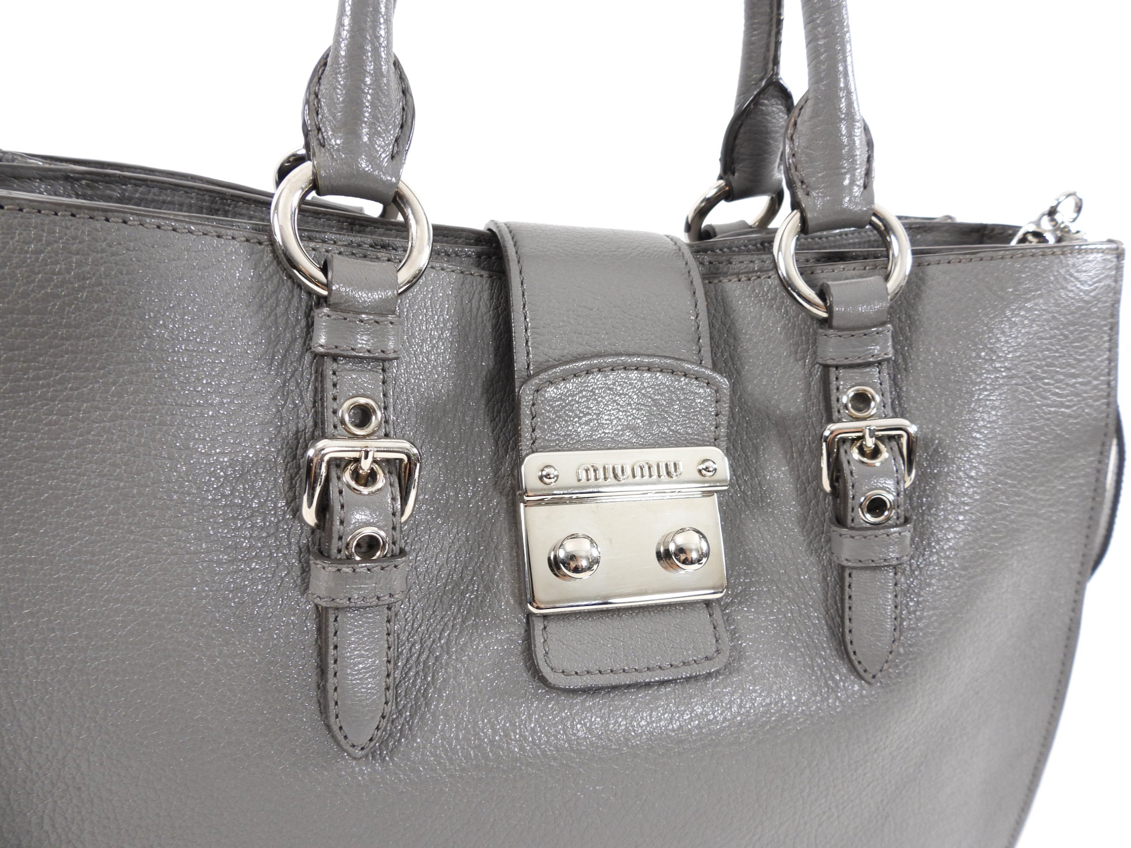 Miu Miu Grey Leather Madras Press Stud Tote Bag