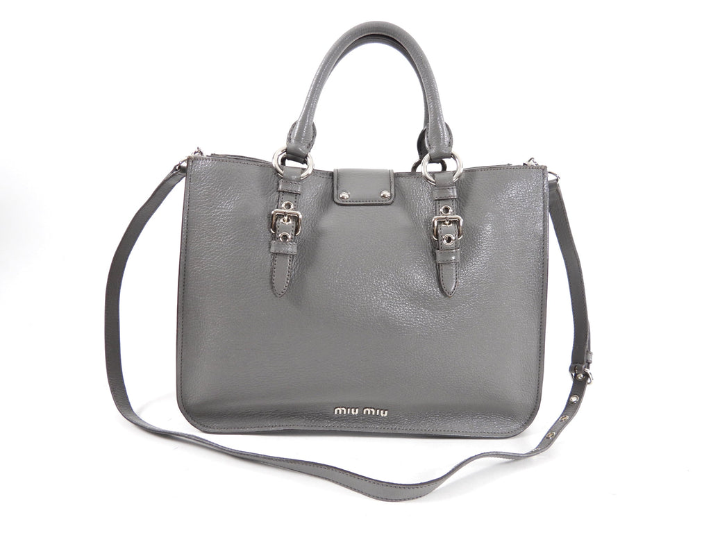 Miu Miu Grey Leather Madras Press Stud Tote Bag
