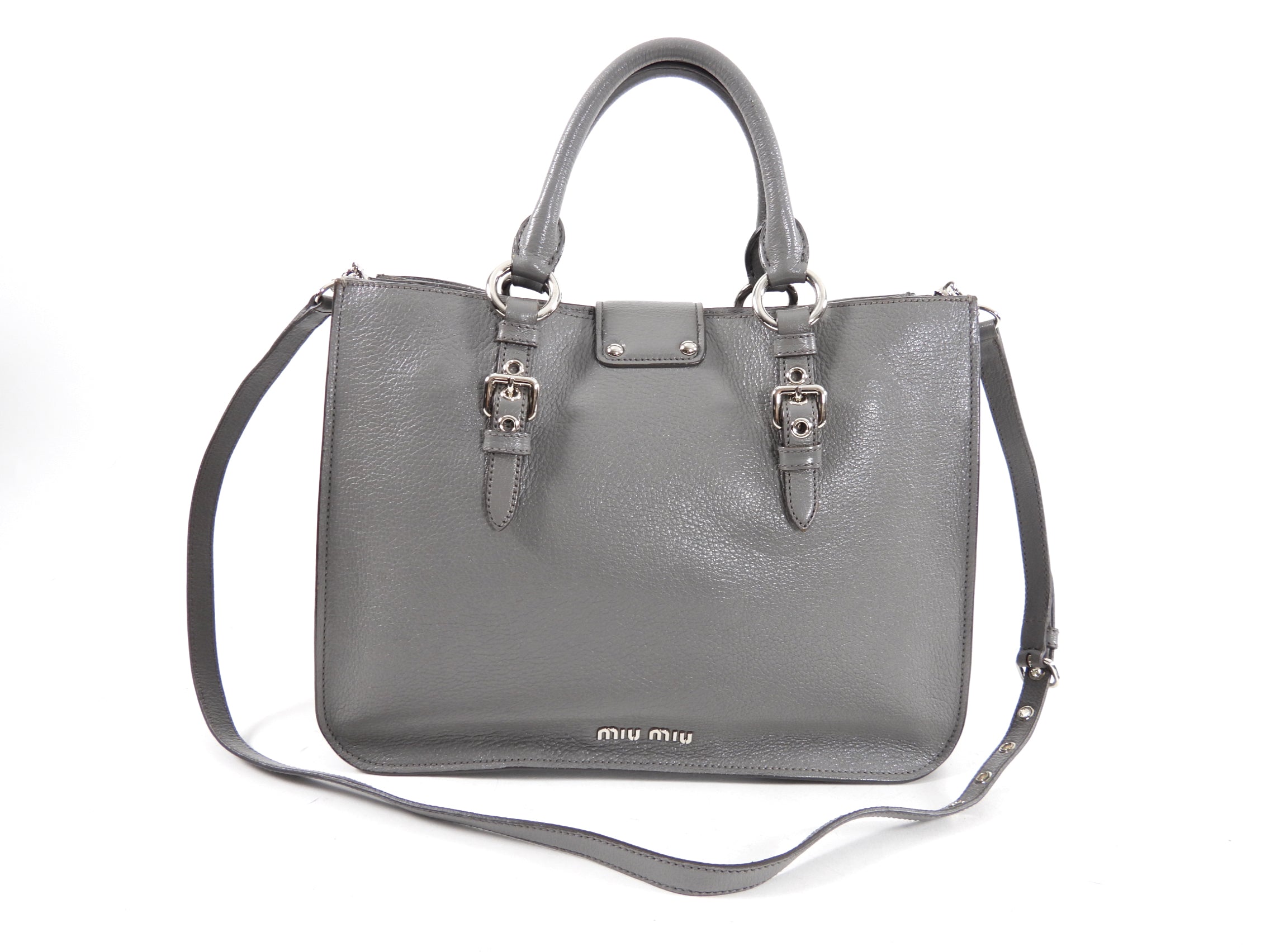 Miu Miu Grey Leather Madras Press Stud Tote Bag