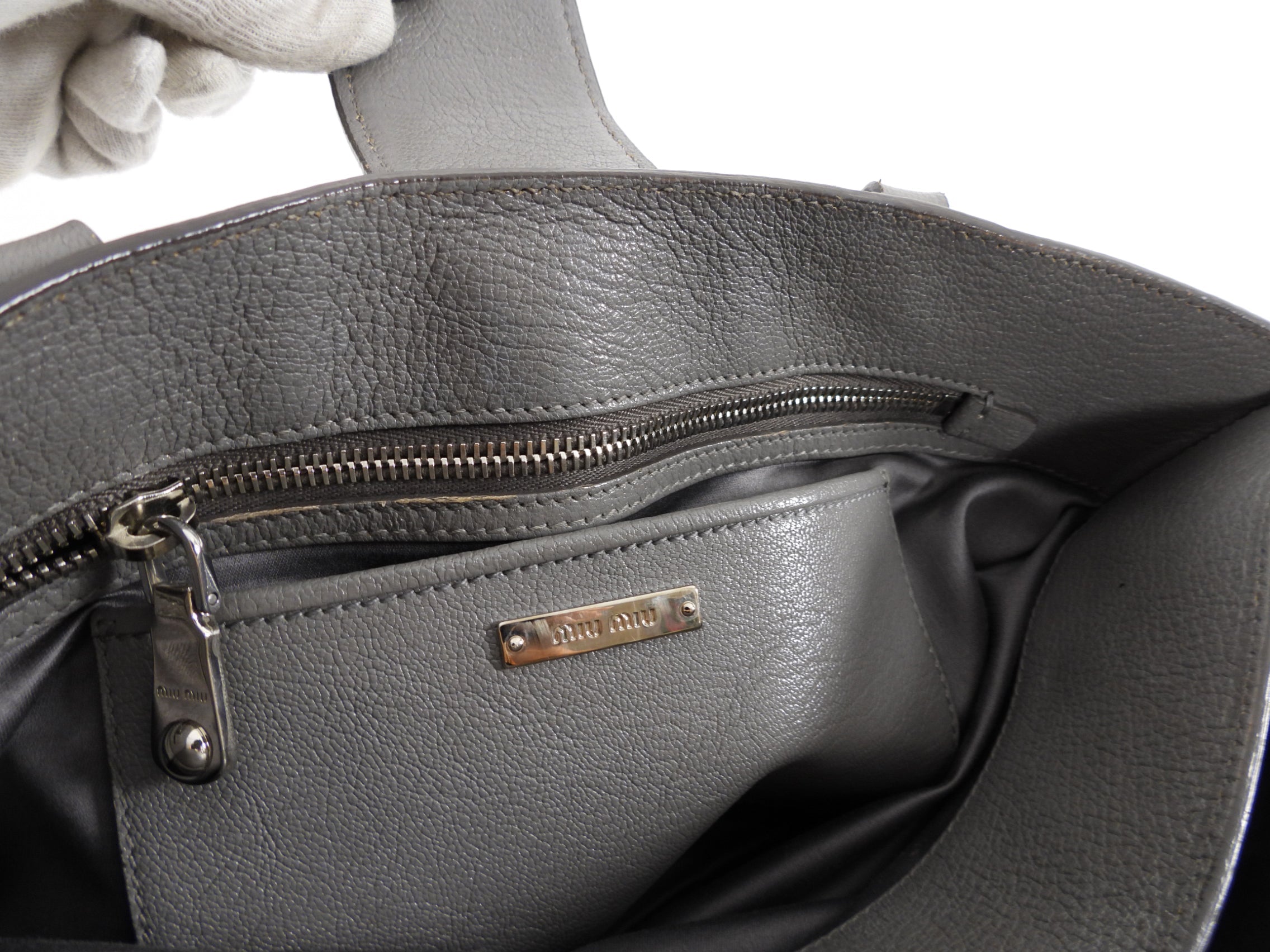 Miu Miu Grey Leather Madras Press Stud Tote Bag