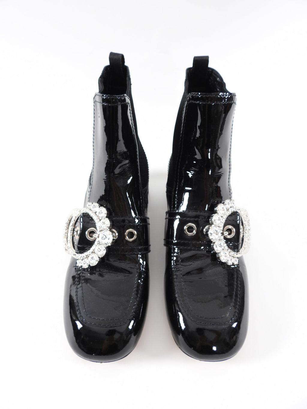 Miu Miu Black Patent Leather Crystal Block Heel Ankle Boots - 37