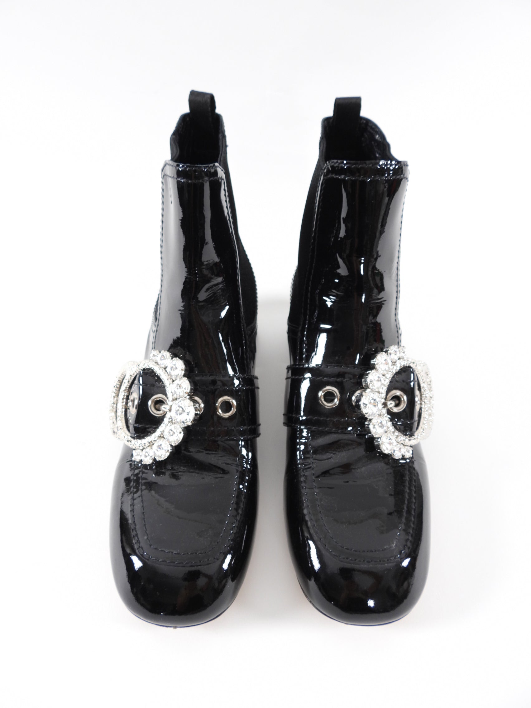 Miu Miu Black Patent Leather Crystal Block Heel Ankle Boots - 37
