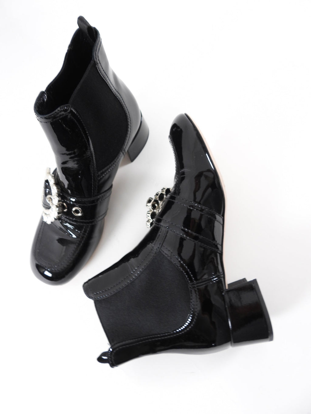 Miu Miu Black Patent Leather Crystal Block Heel Ankle Boots - 37