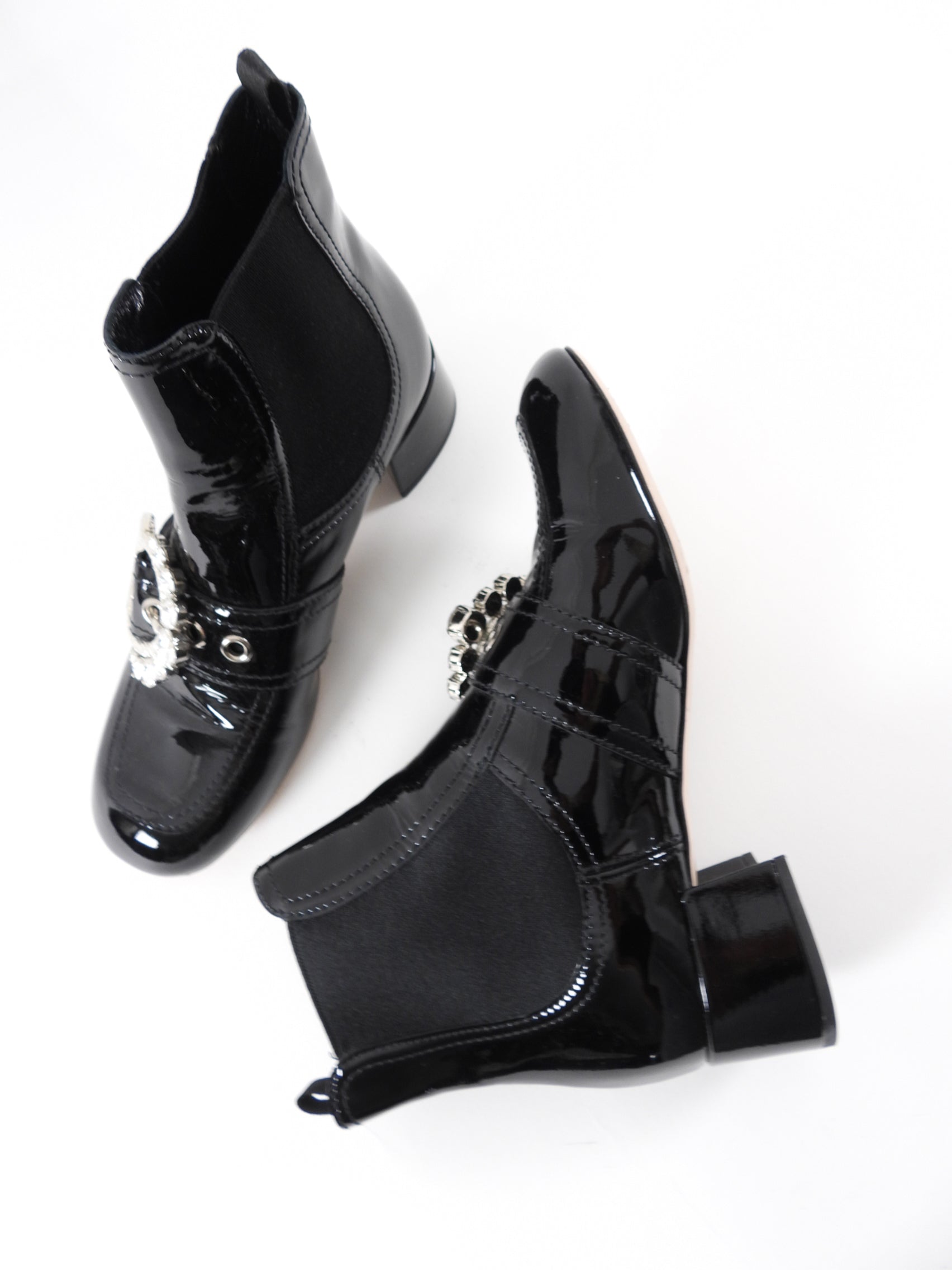 Miu Miu Black Patent Leather Crystal Block Heel Ankle Boots - 37