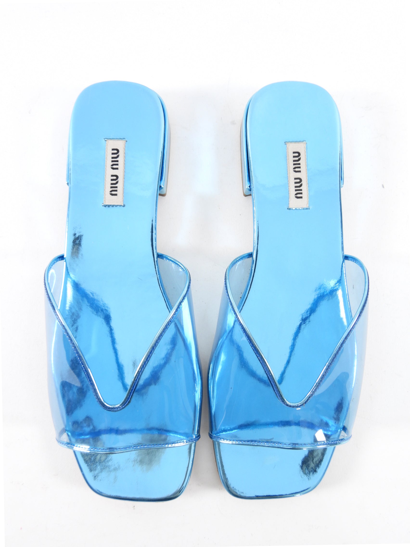 Miu Mu Blue Metallic Leather Clear Flat Sandals - 39.5