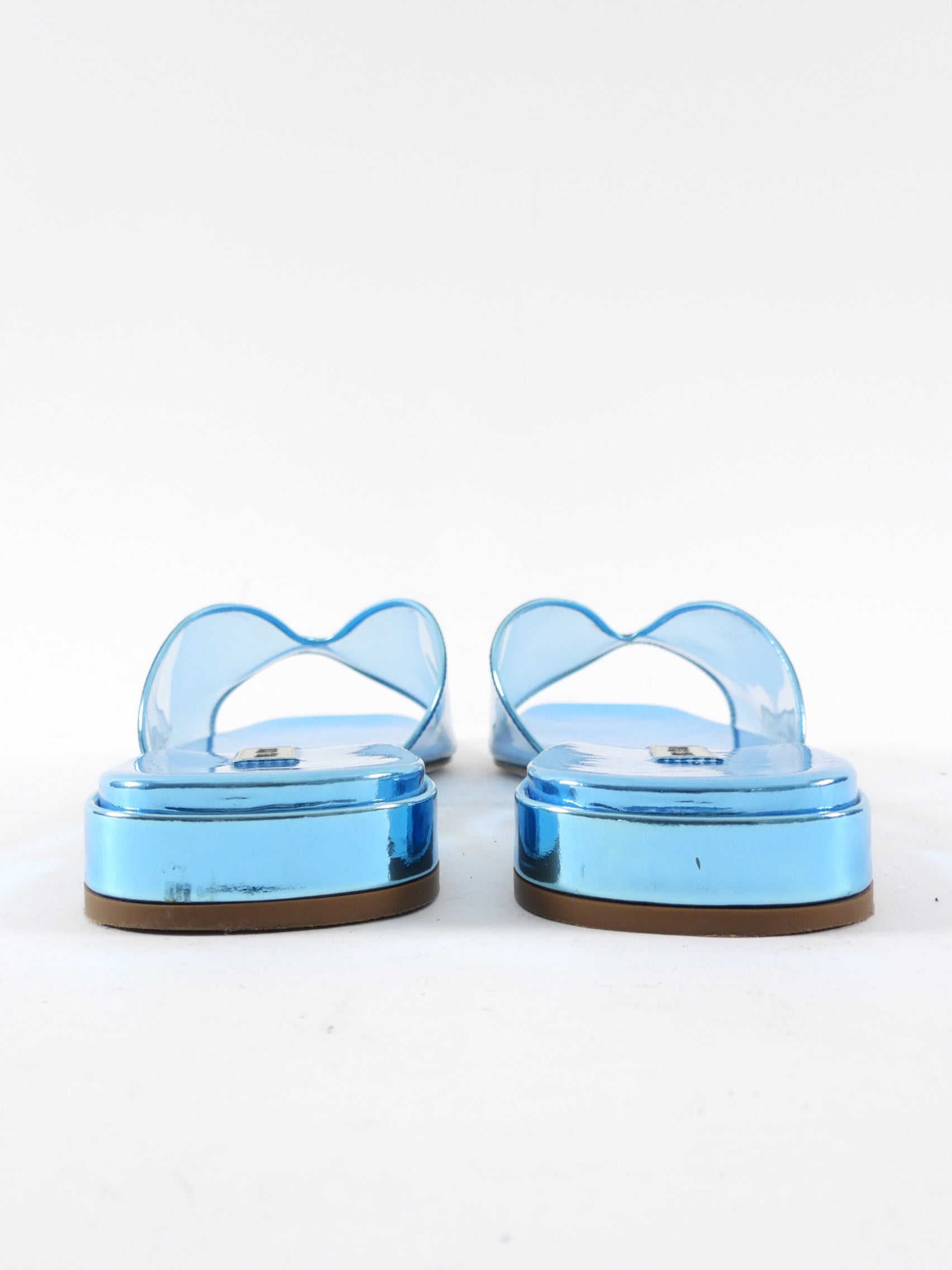 Miu Mu Blue Metallic Leather Clear Flat Sandals - 39.5
