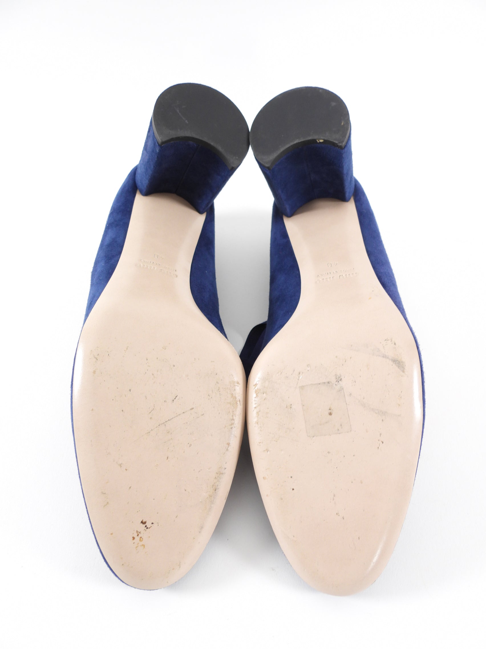 Miu Miu Navy Blue Suede Block Heel Ribbon Pumps - 40